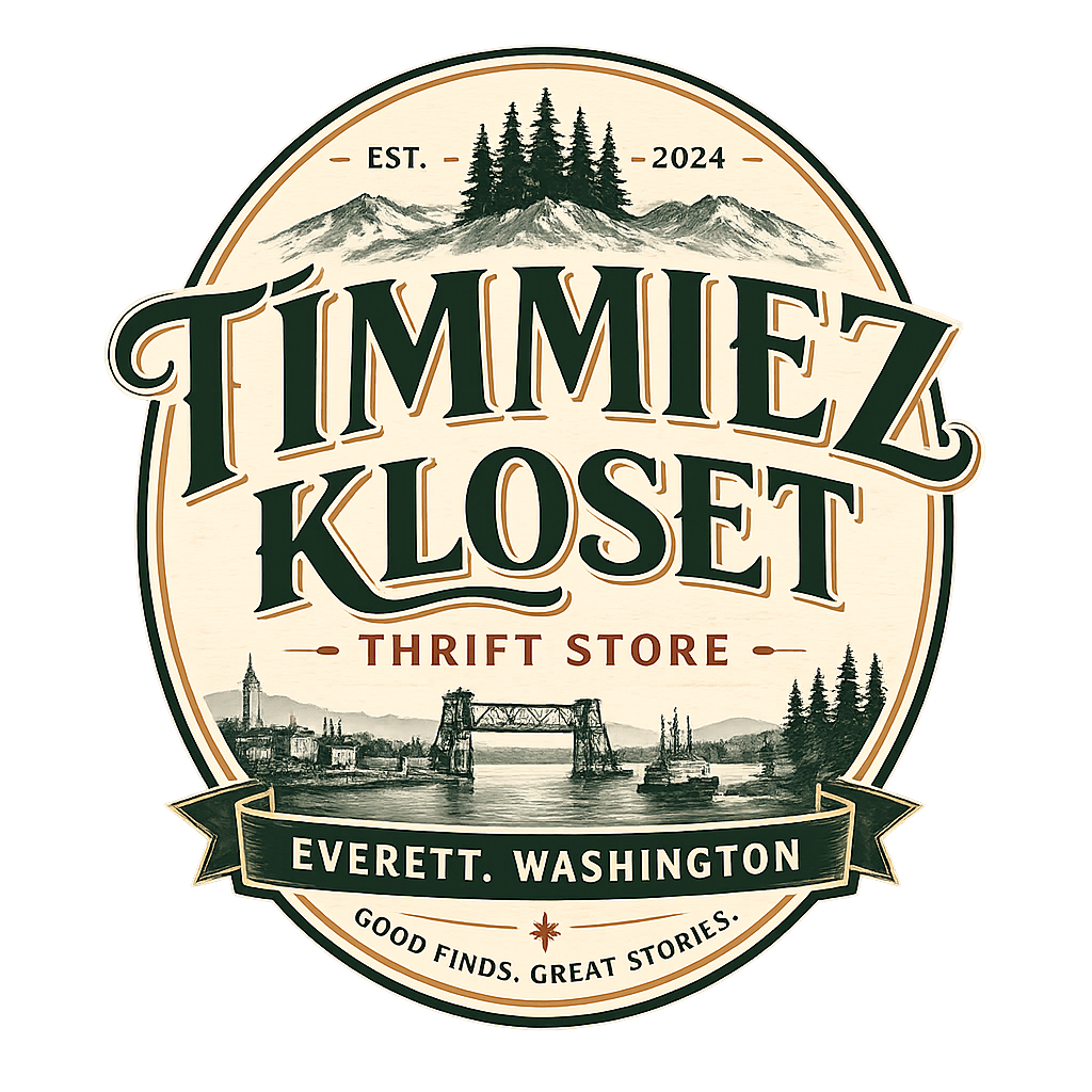 Timmiez Kloset logo — vintage badge with Everett waterfront, mountains, and evergreens